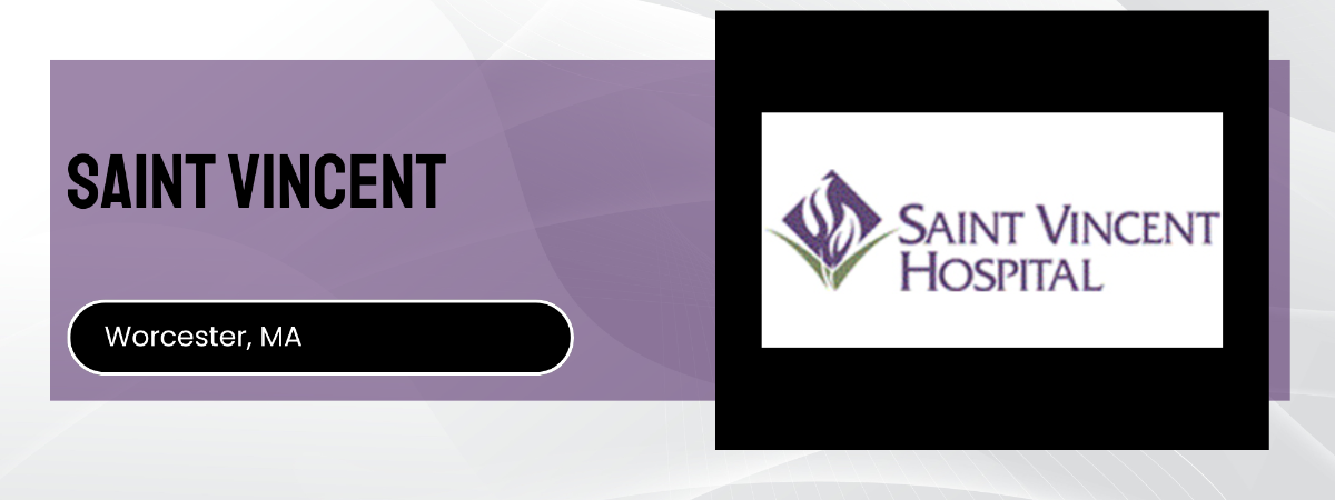 Saint Vincent Hospital logo on a purple background with 'Worcester, MA' text.