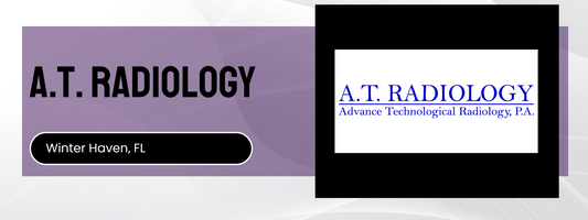 A.T. Radiology logo and text on a purple and white background