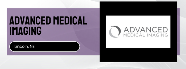 Advertisement for Advanced Medical Imaging with their logo and location on a purple and white background