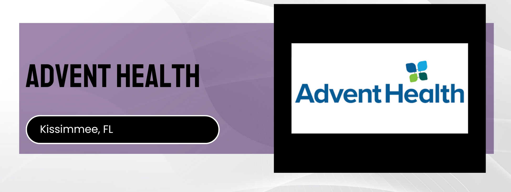 Advent Health logo and text on a purple and white background