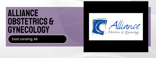 Alliance Obstetrics & Gynecology logo and text on a purple and black background