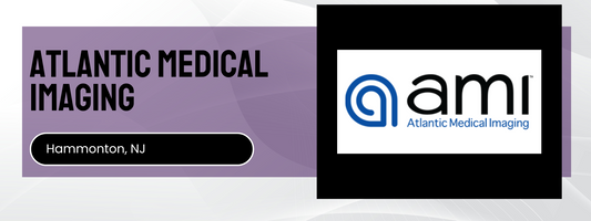 Atlantic Medical Imaging logo with location information on a purple and white background