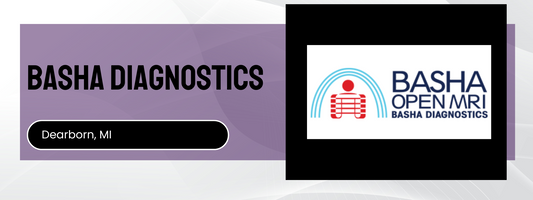 Basha Diagnostics logo and text on a purple and black background