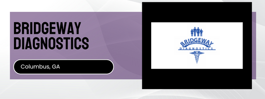Bridgeway Diagnostics logo and name on a purple and black background