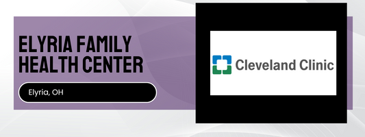 Elyria Family Health Center logo with Cleveland Clinic logo on a purple background