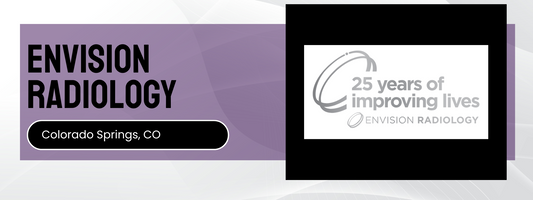 Envision Radiology logo with '25 years of improving lives' on a purple and black background