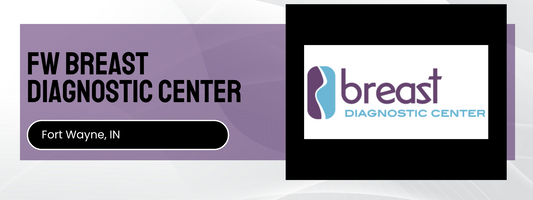 Logo and name of FW Breast Diagnostic Center on a purple and white background