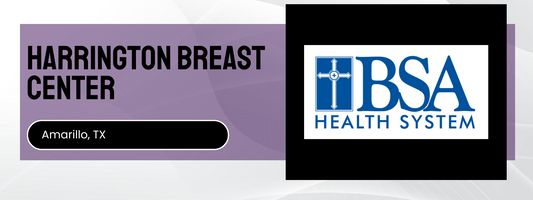 Harrington Breast Center logo with BSA Health System logo on a purple and black background