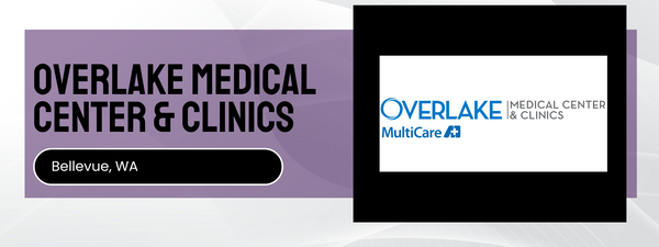 Advertisement for Overlake Medical Center & Clinics with clinic name and location on a purple background.