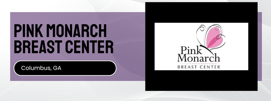 Pink Monarch Breast Center logo and text on a purple background