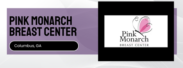 Pink Monarch Breast Center logo and text on a purple background
