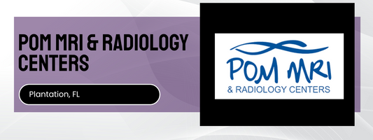 Advertisement for POM MRI & Radiology Centers with logo and text on a purple background