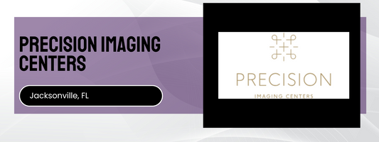 Advertisement for Precision Imaging Centers in Jacksonville, FL with a logo on a purple and white background.