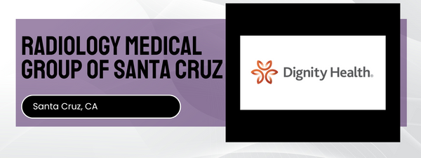 Logo of Dignity Health on a purple background with text about Radiology Medical Group of Santa Cruz.