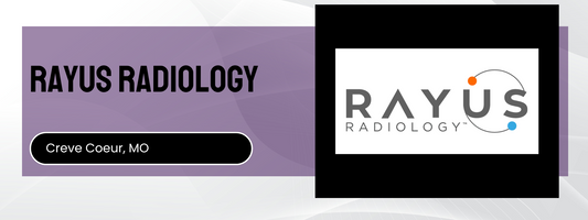 Rayus Radiology logo and contact information on a purple and black background