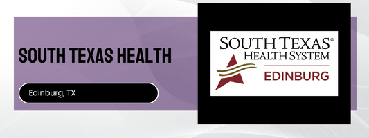 South Texas Health System logo with 'Edinburg, TX' text on a purple background