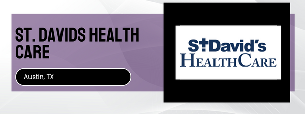 St. David's Health Care logo on a purple background with 'Austin, TX' text.