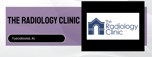 Logo and name of The Radiology Clinic on a purple and white background