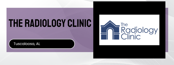 Logo and name of The Radiology Clinic on a purple and white background