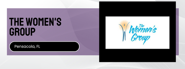 Logo and name of 'The Women's Group' with a location in Pensacola, FL on a purple background.