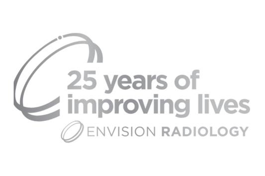 Logo celebrating 25 years of Envision Radiology with text '25 years of improving lives' on a white background.